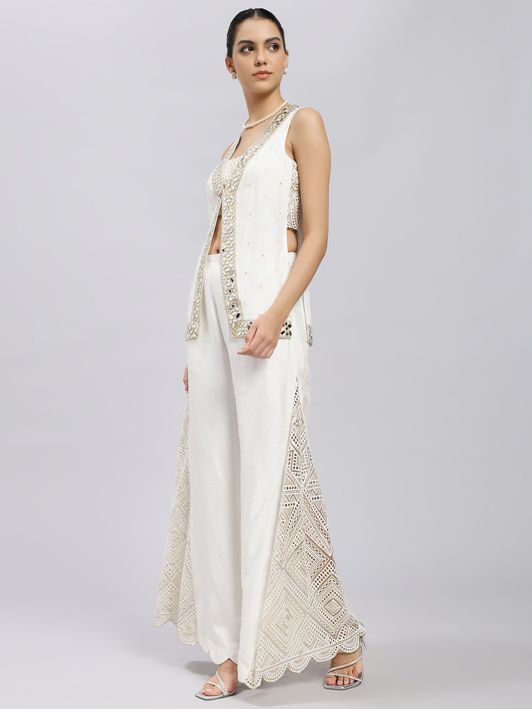 Ivory Mirror-Embellished Jacket Pant Set
