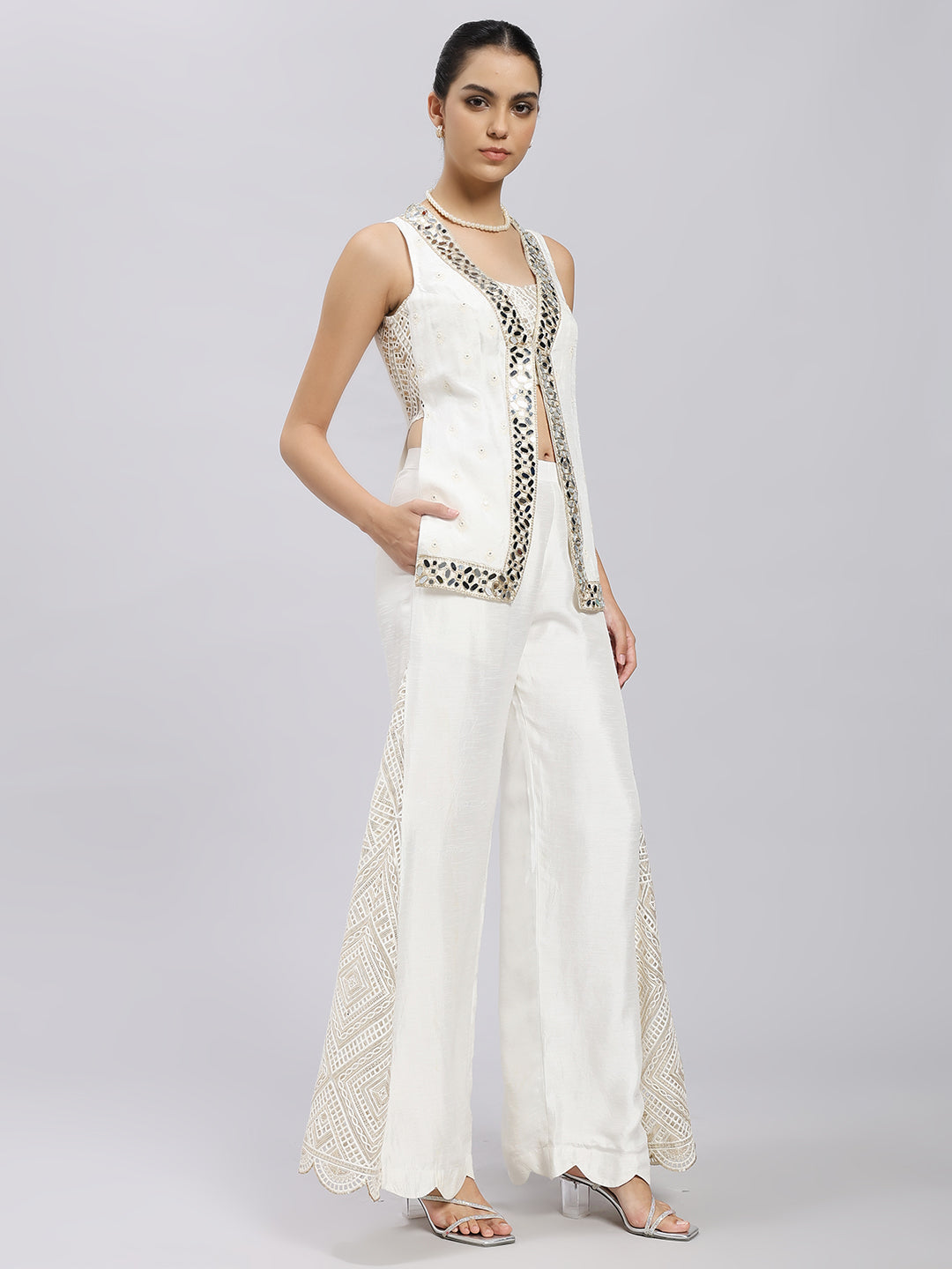 Ivory Mirror-Embellished Jacket Pant Set