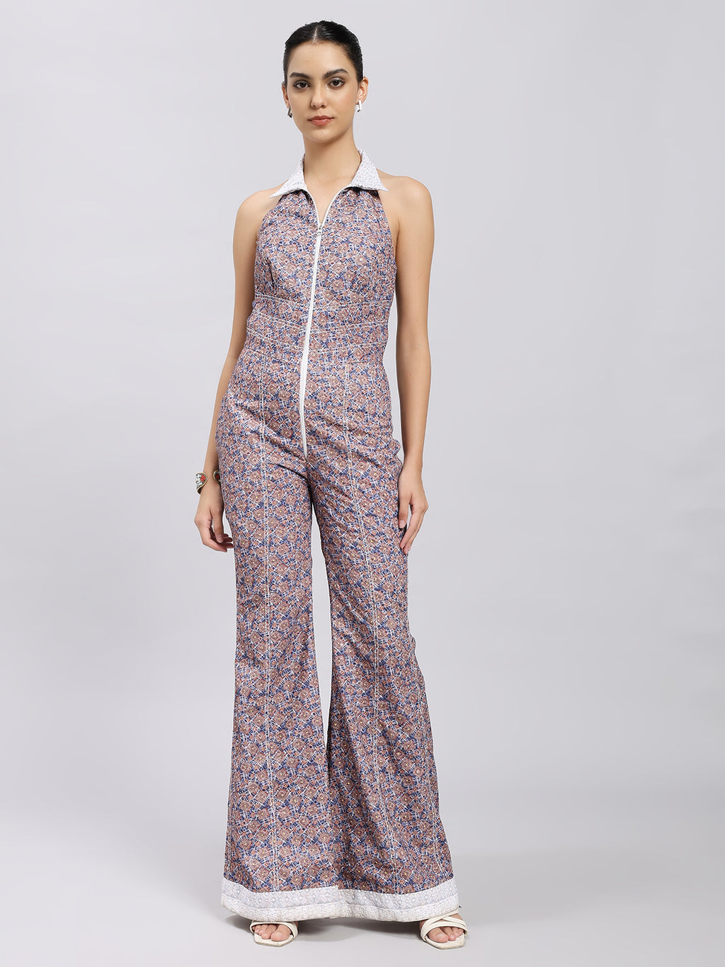 Retro Geo Print Halter Jumpsuit