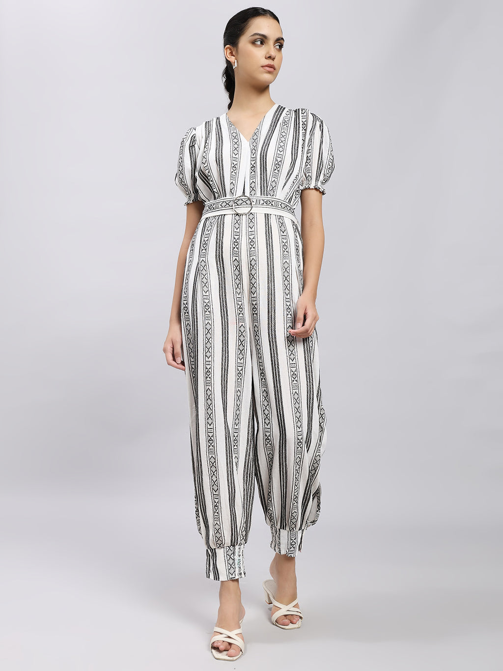Monochrome Striped Belted Jumpsuit