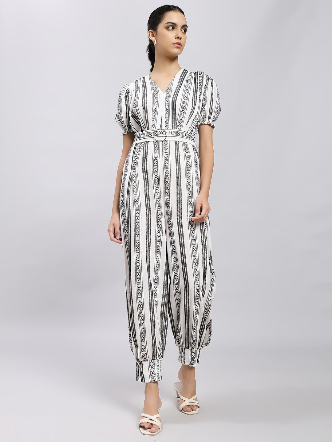 Monochrome Striped Belted Jumpsuit