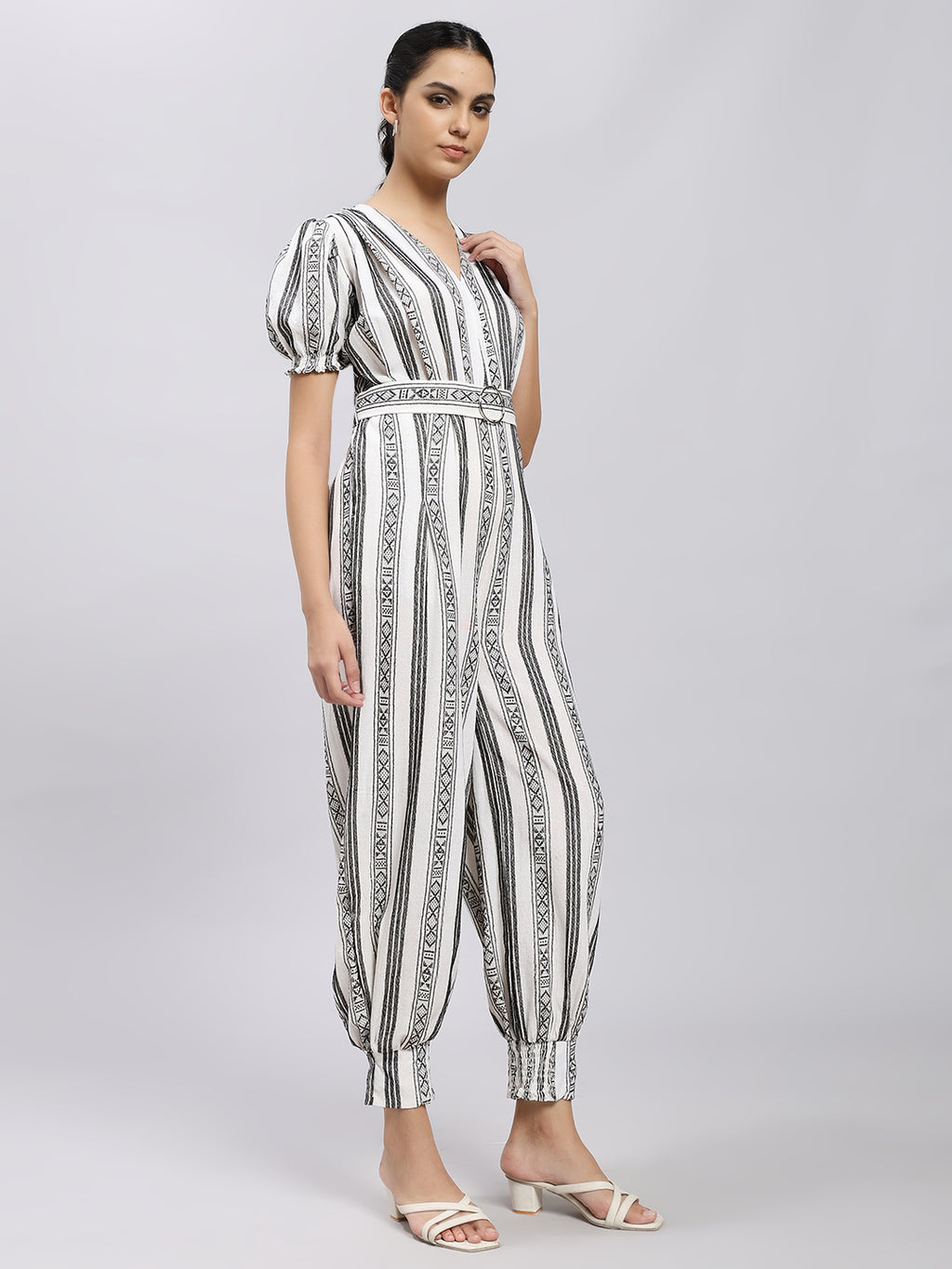 Monochrome Striped Belted Jumpsuit