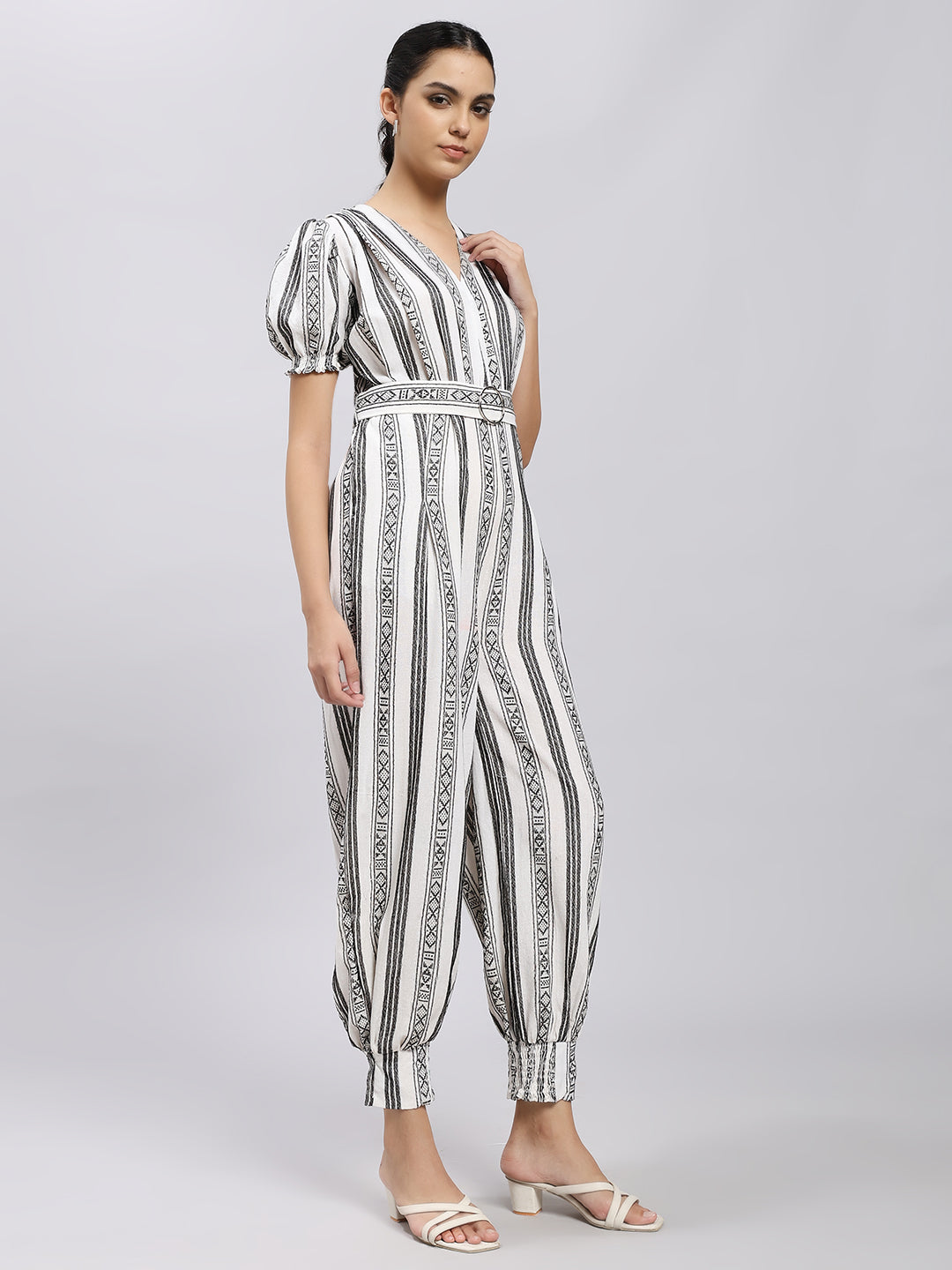 Monochrome Striped Belted Jumpsuit