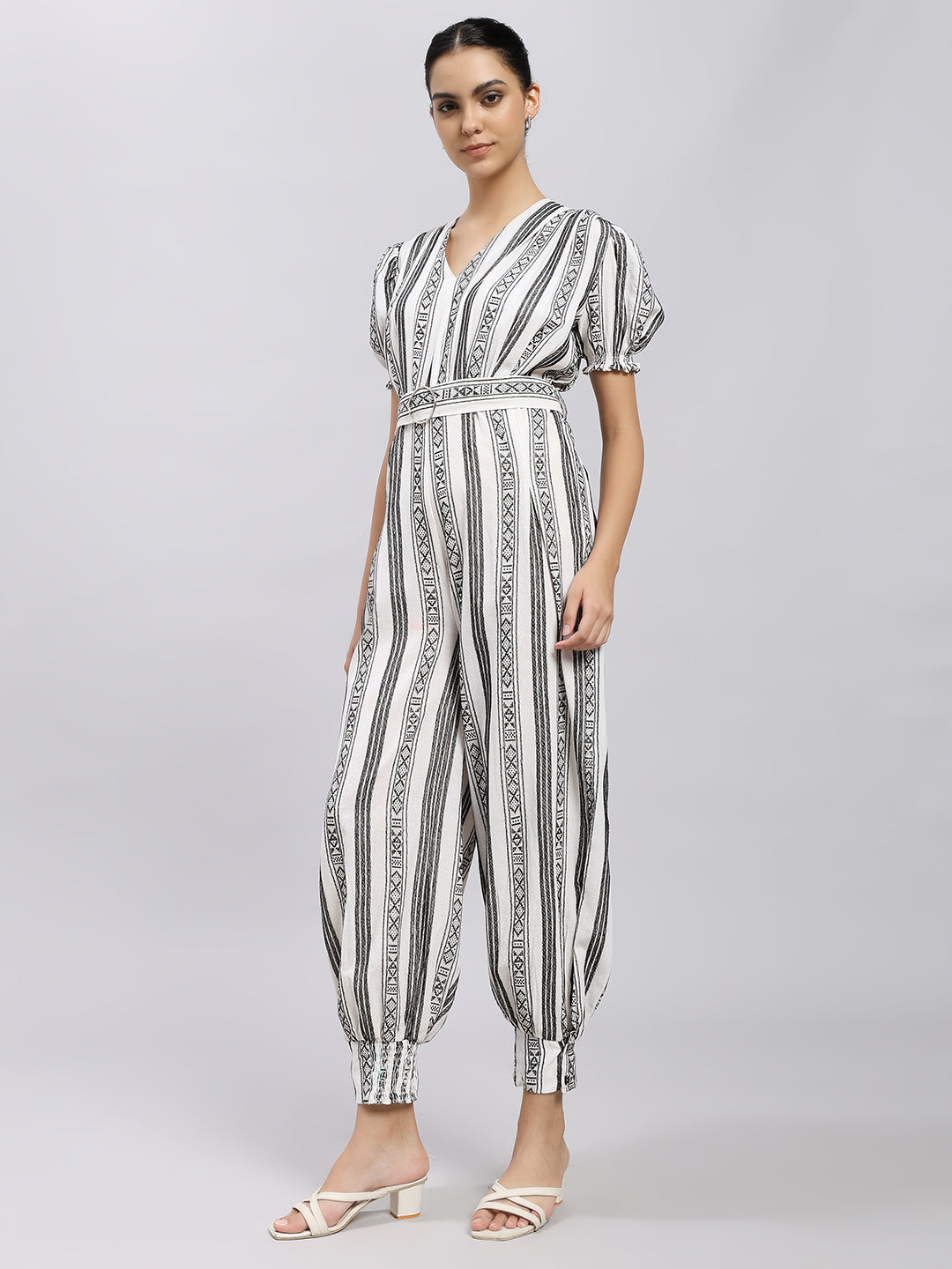 Monochrome Striped Belted Jumpsuit