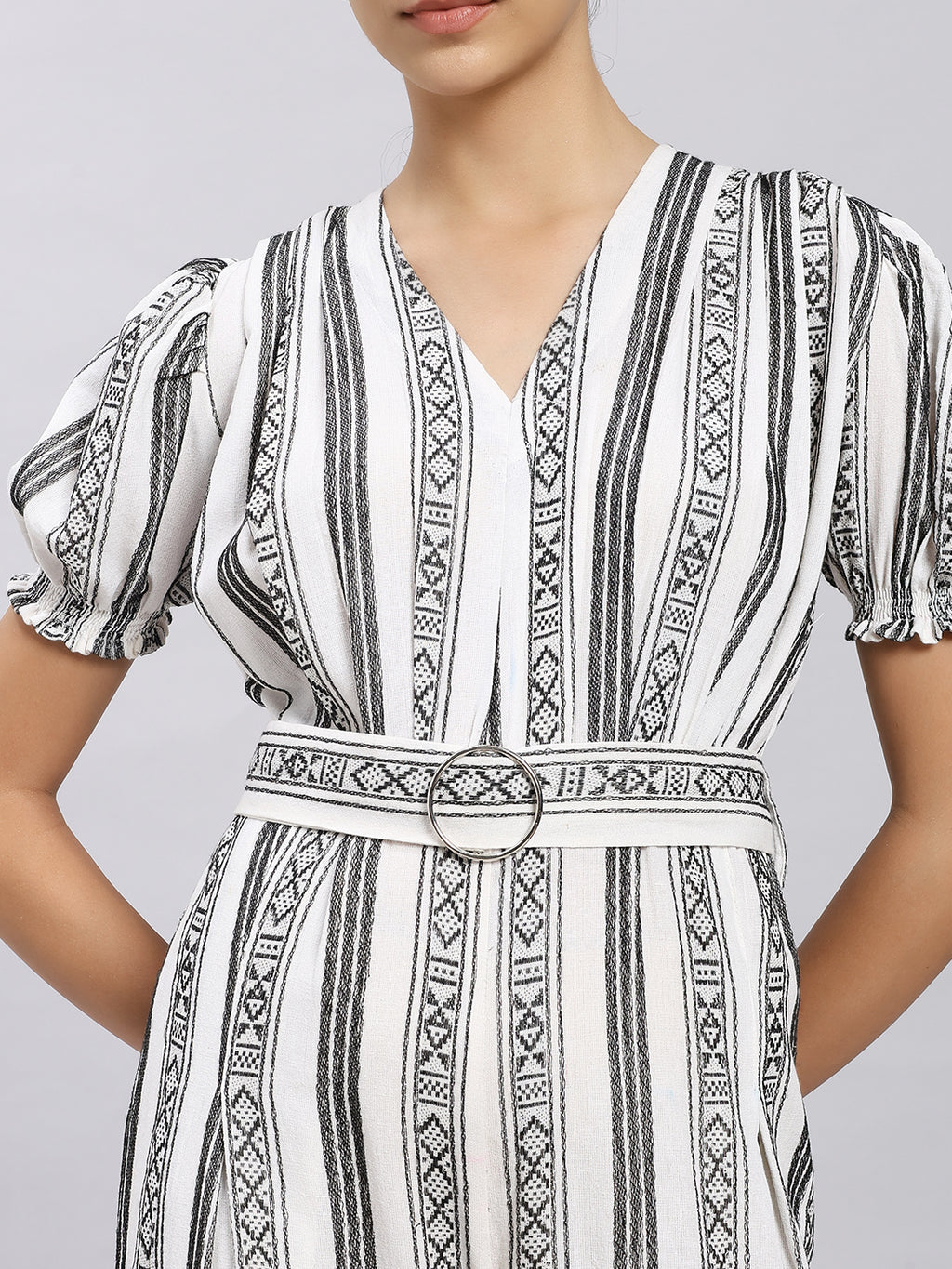 Monochrome Striped Belted Jumpsuit