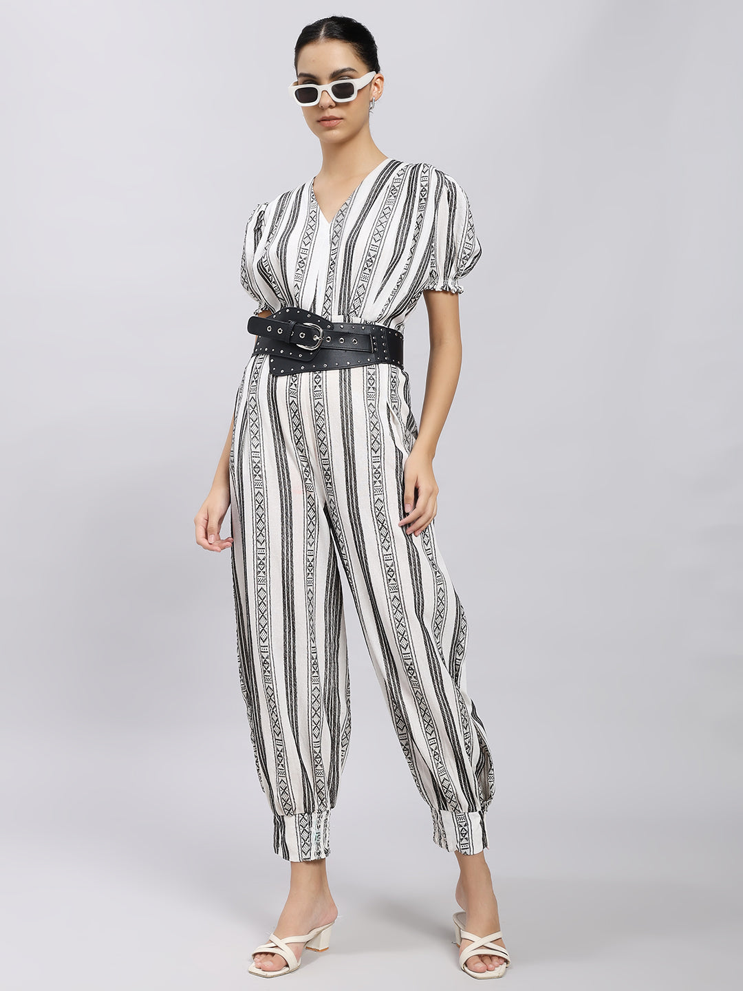 Monochrome Striped Belted Jumpsuit