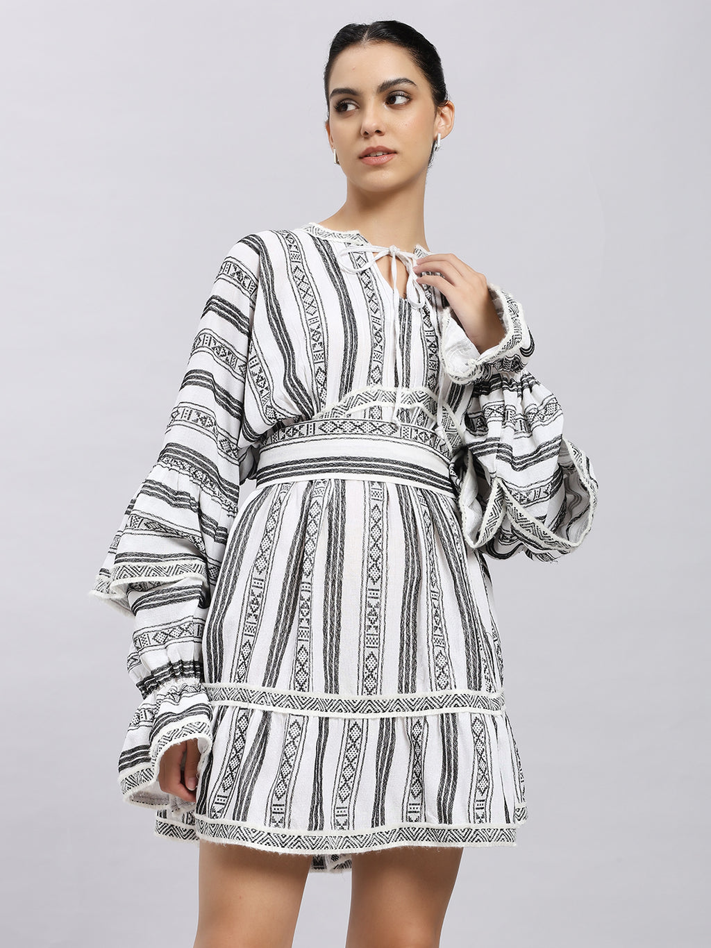 Monochrome Striped Dress with Statement Sleeves