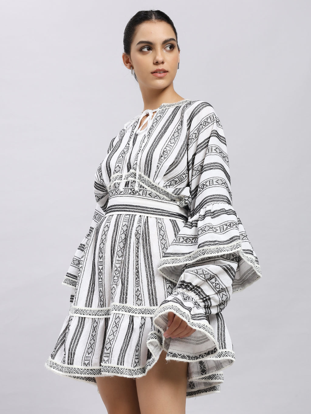 Monochrome Striped Dress with Statement Sleeves