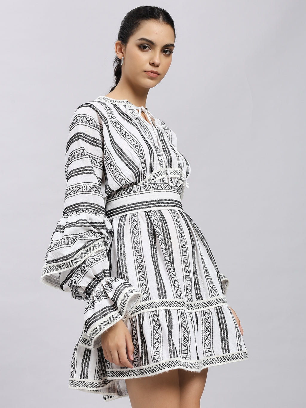 Monochrome Striped Dress with Statement Sleeves