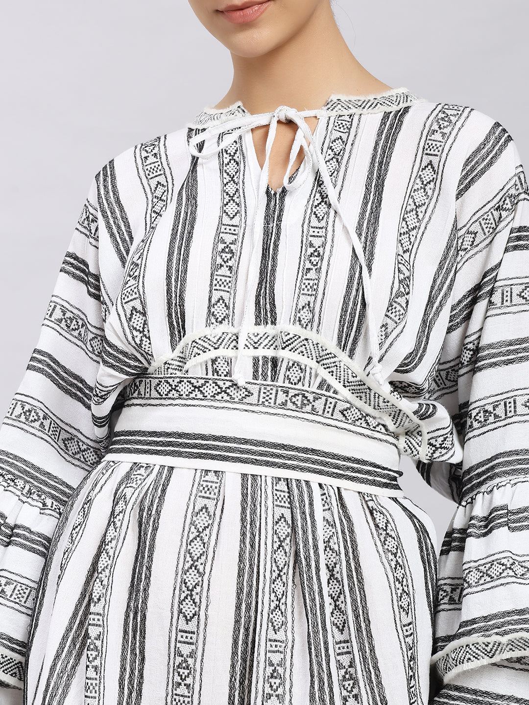 Monochrome Striped Dress with Statement Sleeves