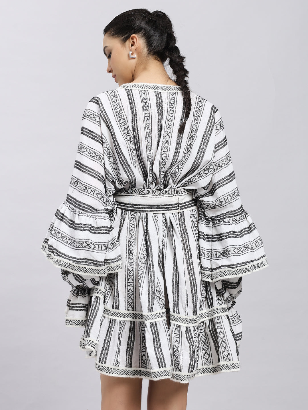 Monochrome Striped Dress with Statement Sleeves