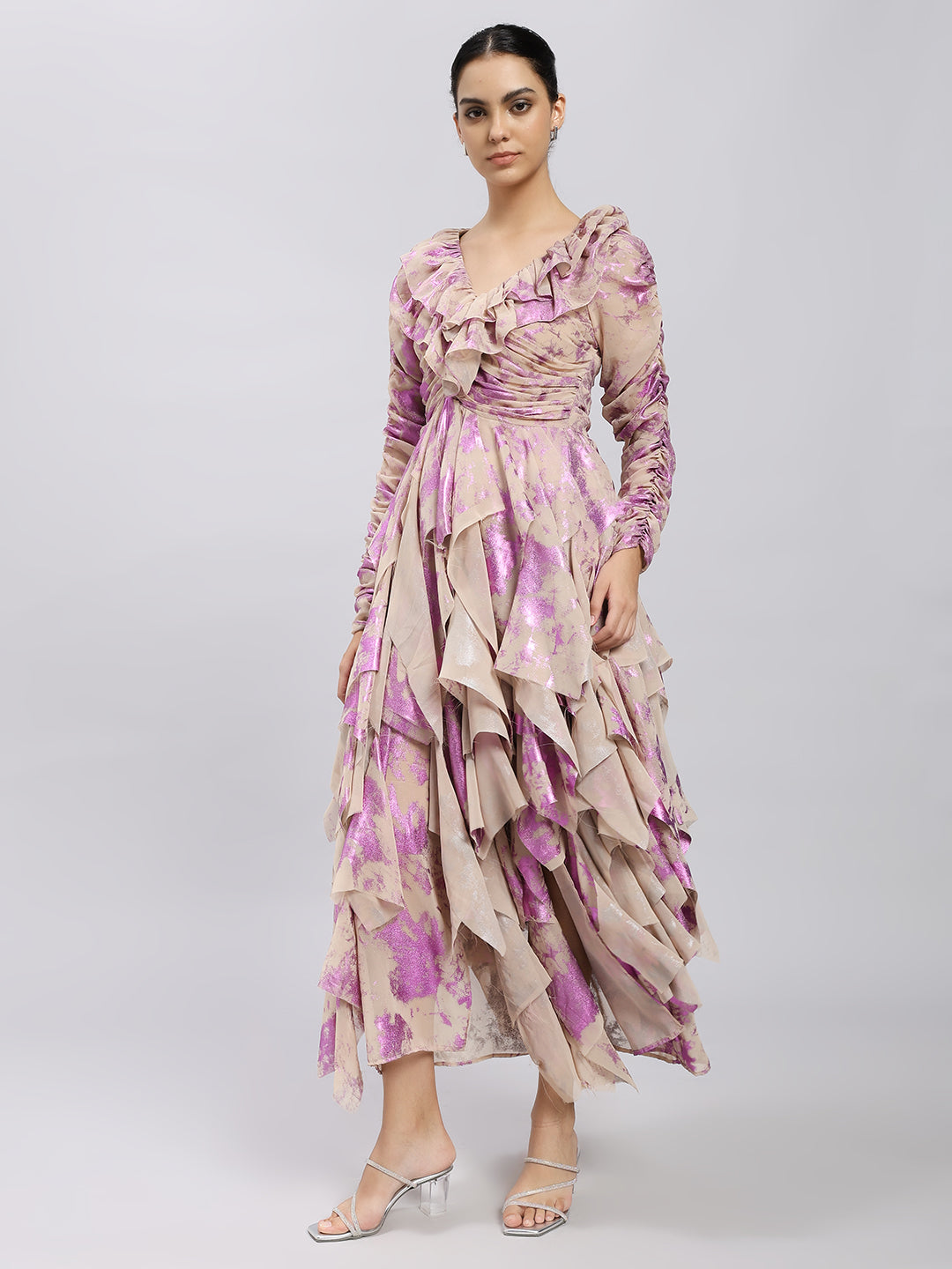 Lilac Bloom Ruffled Asymmetrical Dress