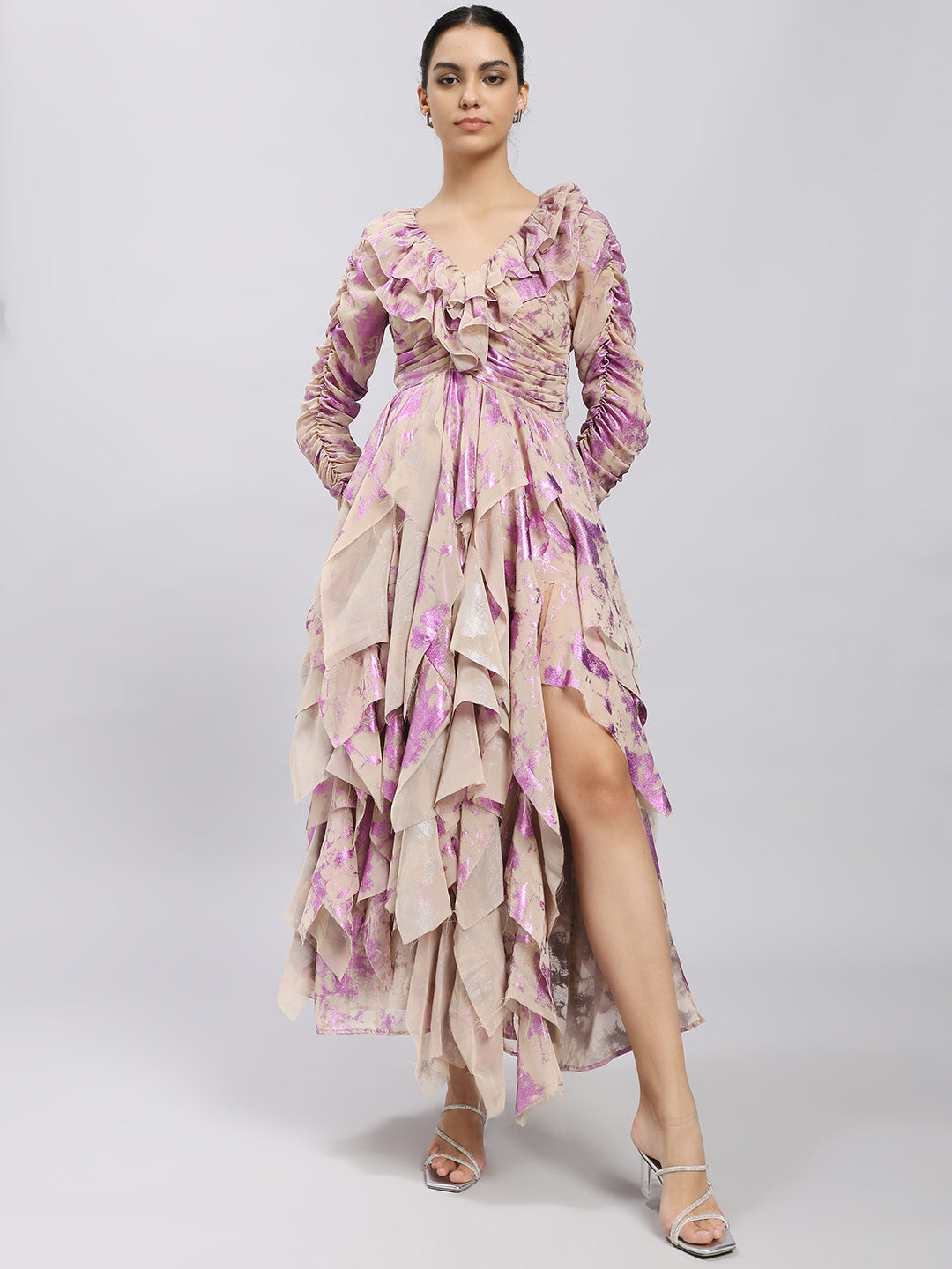 Lilac Bloom Ruffled Asymmetrical Dress
