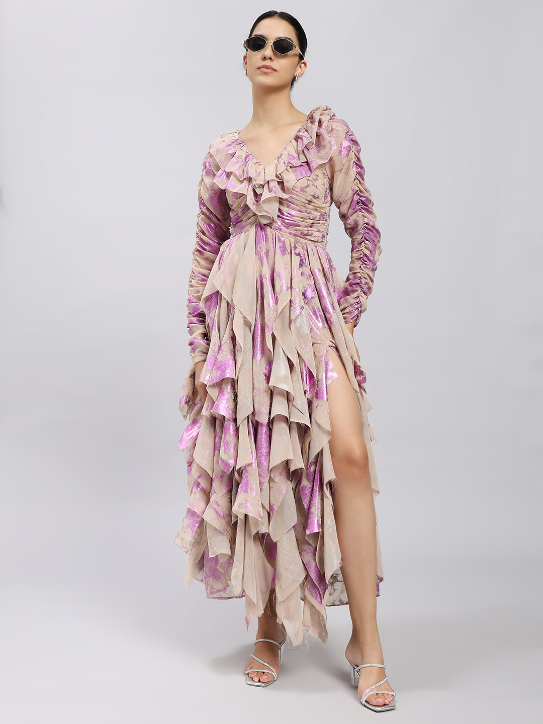 Lilac Bloom Ruffled Asymmetrical Dress