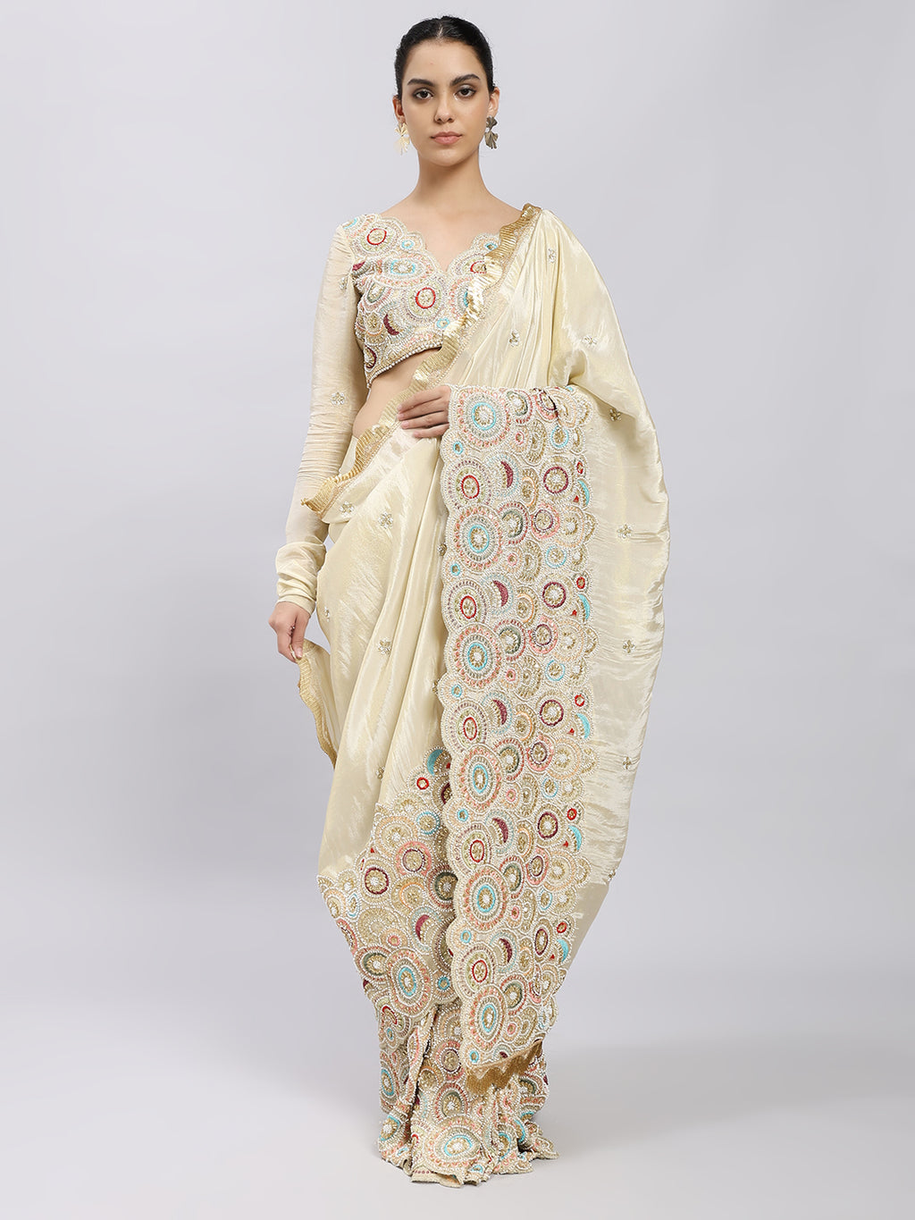 Ivory Radiance Hand-Embroidered Saree