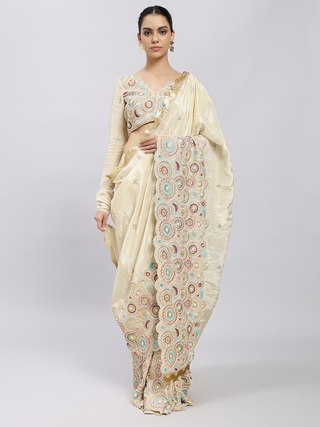 Ivory Radiance Hand-Embroidered Saree