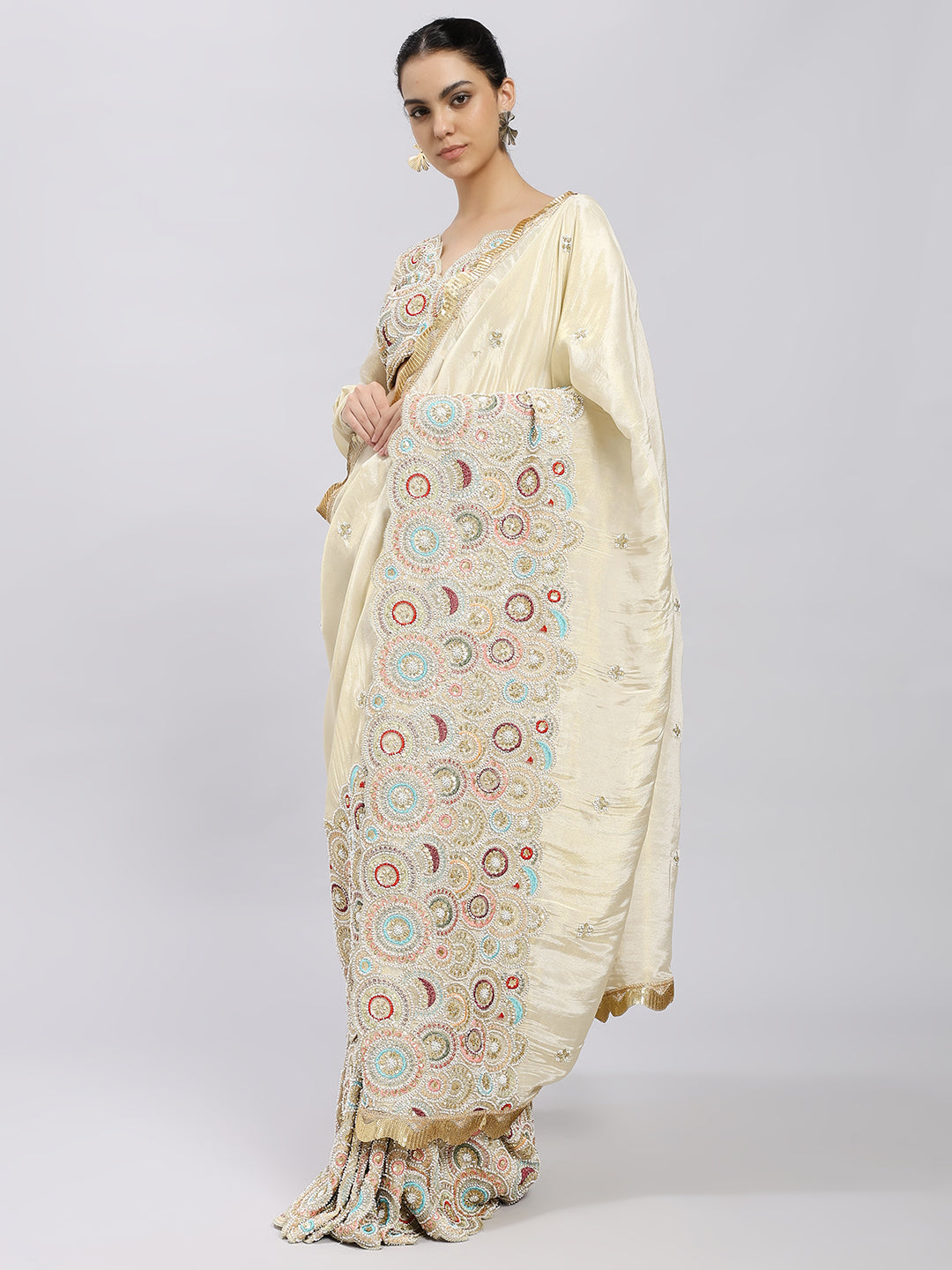 Ivory Radiance Hand-Embroidered Saree