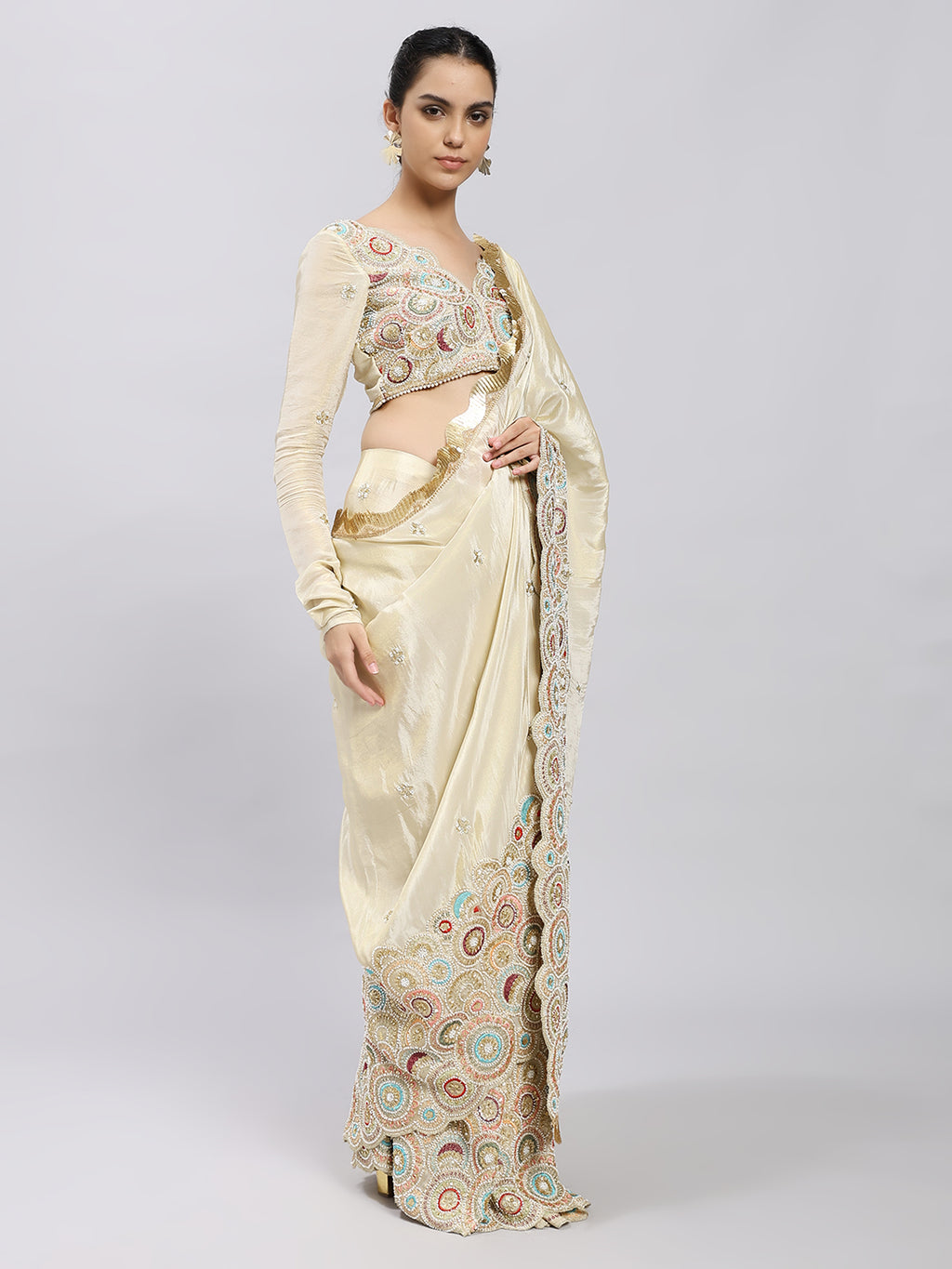 Ivory Radiance Hand-Embroidered Saree