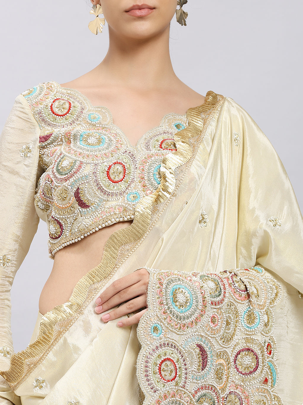 Ivory Radiance Hand-Embroidered Saree